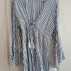 Blue and White Striped Tie-Front Beach Tunic Cover Up